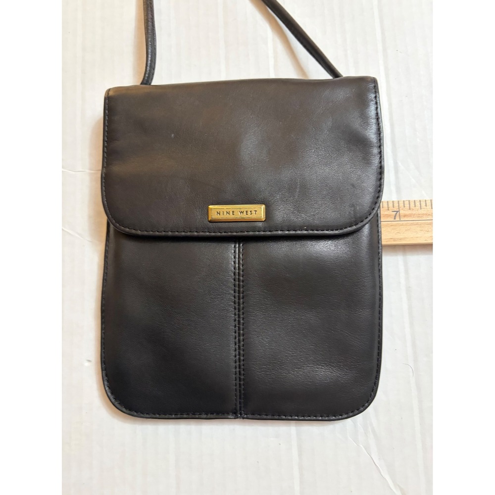 Nine West Brown Leather Crossbody Bag Slim Flap Magnetic Snap Gold Logo Pocket